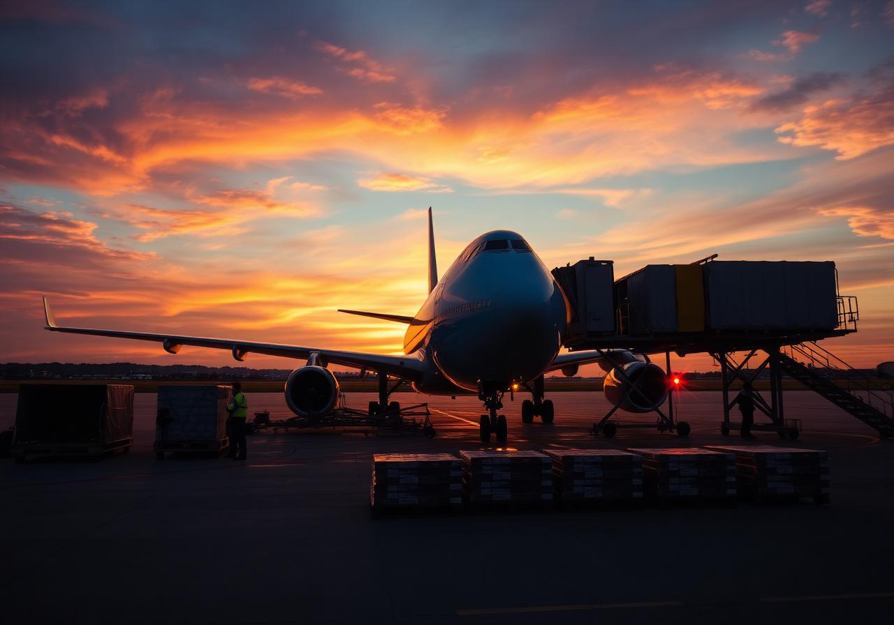 Cargo plane being loaded at sunset